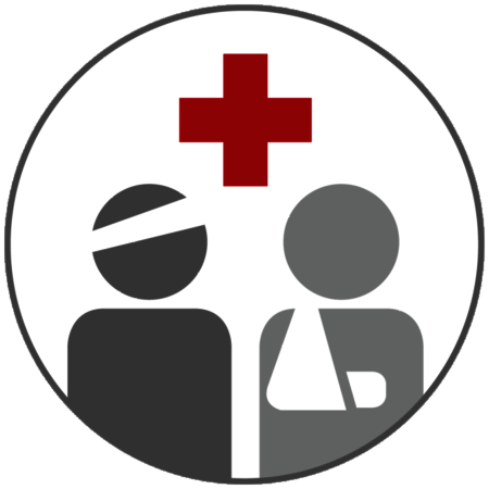 Rotes Kreuz über grauen Silhouetten von Person mit Kopfverband und Person mit Armbinde.