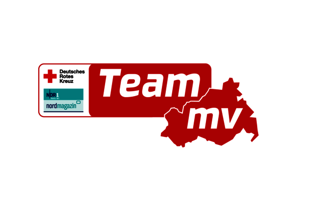 Logo Deutsches Rotes Kreuz mit Text 'Team mv' und Umriss von Mecklenburg-Vorpommern, darunter NDR 1 und Nordmagazin Logos