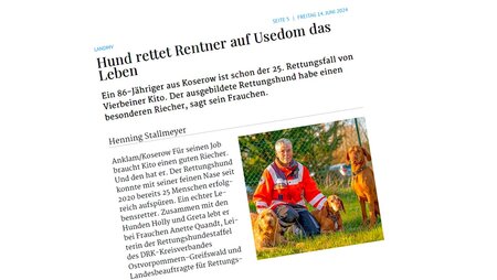 Zeitungsartikel über einen Rettungshund, der auf Usedom einen Rentner gerettet hat. Foto von einer Person mit Rettungshund.