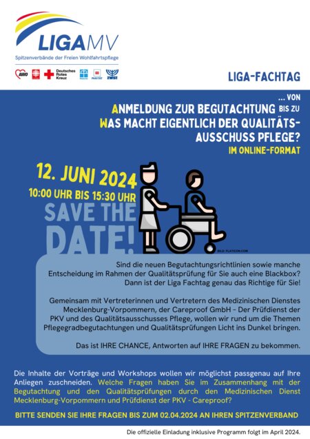 Einladung zum LIGA-Fachtag am 12. Juni 2024, online. Thema: Qualitätsausschuss Pflege. Anmeldung bis 2. April 2024.