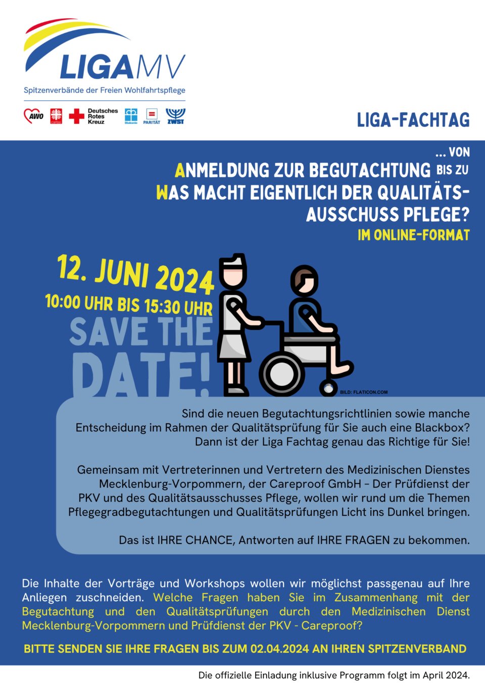 Einladung zum LIGA-Fachtag am 12. Juni 2024, online. Thema: Qualitätsausschuss Pflege. Anmeldung bis 2. April 2024.
