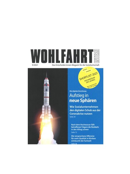 Titel "Wohlfahrt Intern", Raketenstart, Text über digitale Schübe und Sozialwirtschaft. Gelber Kreis: "Shortlist 2021".