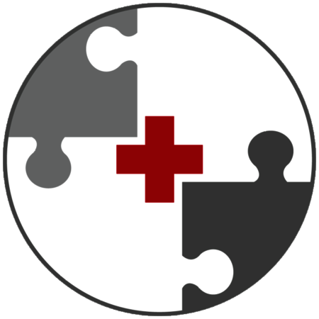 Rotes Kreuz auf grauem und weißem Puzzle-Motiv in einem Kreis.