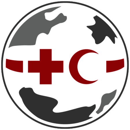 Rotes Kreuz und roter Halbmond auf grauem Globus auf grauem Hintergrund.