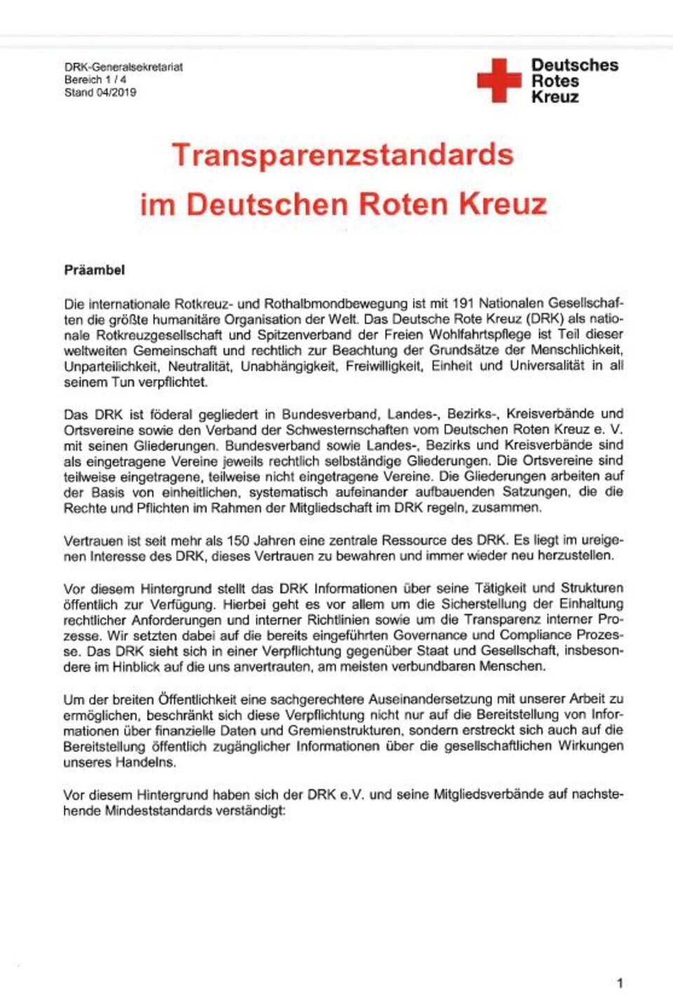 Dokumentseite mit Überschrift 'Transparenzstandards im Deutschen Roten Kreuz' und Text zur Selbstverpflichtung des DRK, Logo des Deutschen Roten Kreuzes oben rechts